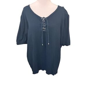 Lauren Ralph Lauren Black Lace-Up Blouse 2X Gold Hardware Casual Quiet Luxury